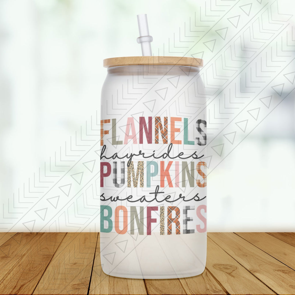 Flannels Hayrides Pumpkins Glass Can